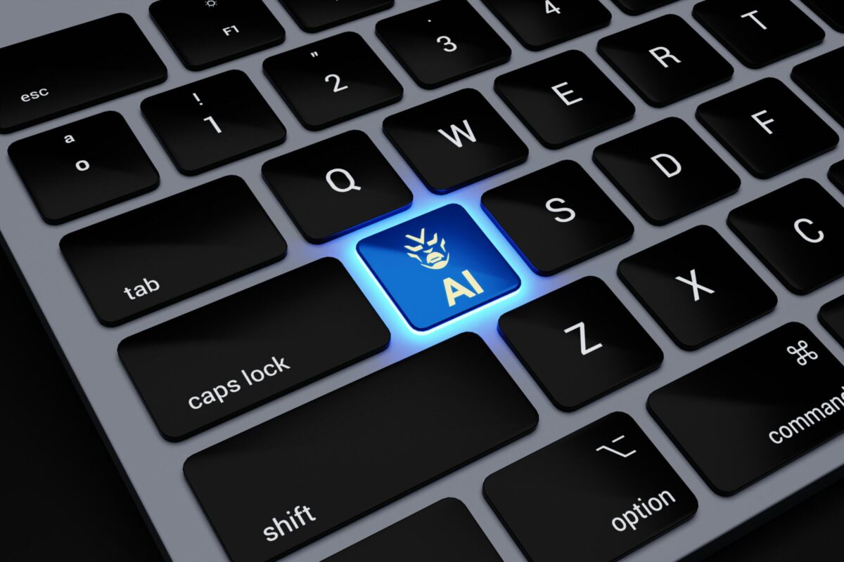 a computer keyboard with a blue light on it